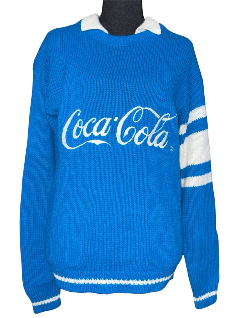 VTG 80s Coca Cola Blue Collared Pullover 50s Style Embroidered Knit Sweater Sz L